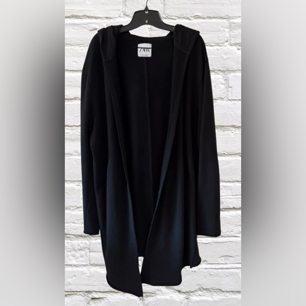Men ZARA Black Hooded Open Front Cardigan